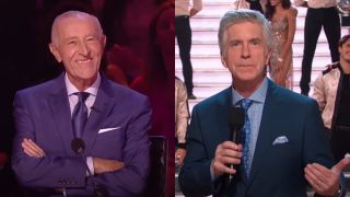 From left to right: Len Goodman smiling on Dancing with the Stars, and Tom Bergeron holing a microphone on Dancing With The Stars