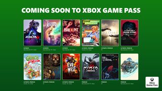 Text saying "Coming soon to Xbox Game Pass" with pictures of games like Ninja Gaiden 4, Keeper, and more.