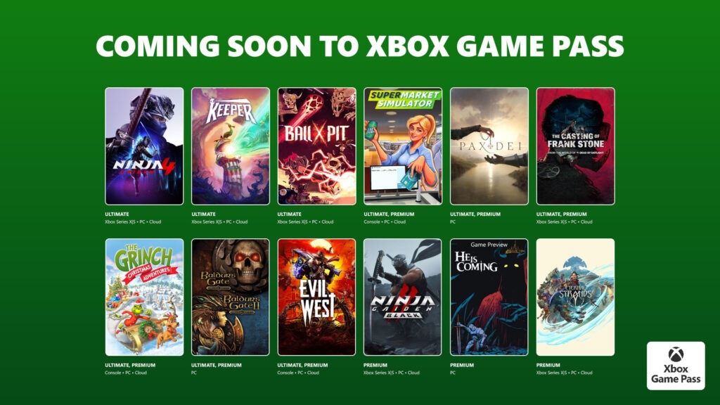 Text saying &quot;Coming soon to Xbox Game Pass&quot; with pictures of games like Ninja Gaiden 4, Keeper, and more.