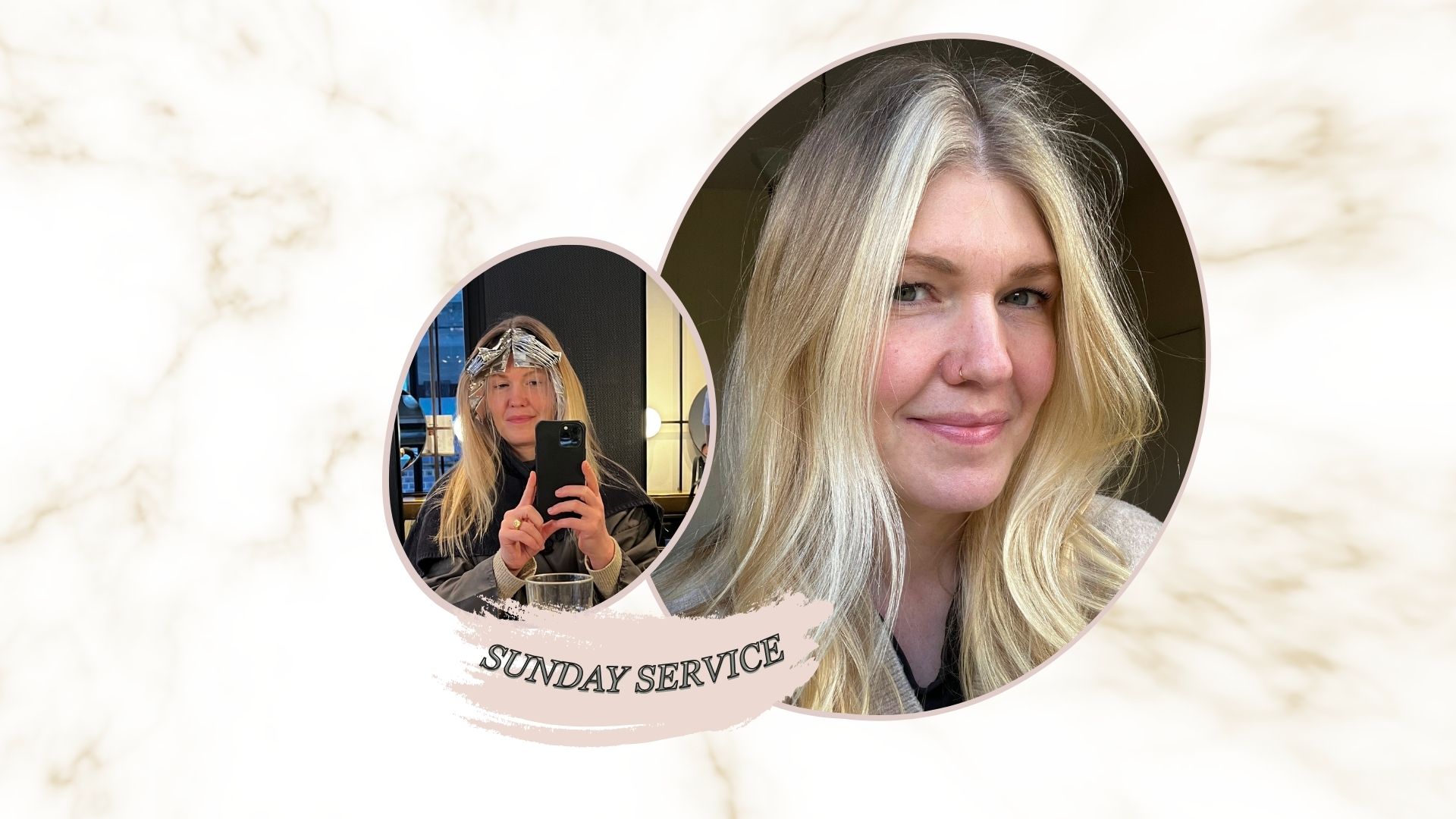 a marble backdrop with an image of Fiona McKim in the salon with foils in her hair and an image of Fiona with a silver-blonde streak at the front of her hair 