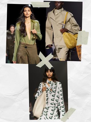 a collage of models on the runway wearing Burberry bags