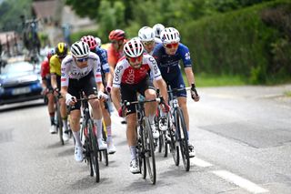 Guillaume Martin leads the breakaway of stage eight at the 2024 Criterium du Dauphine on his birthday.