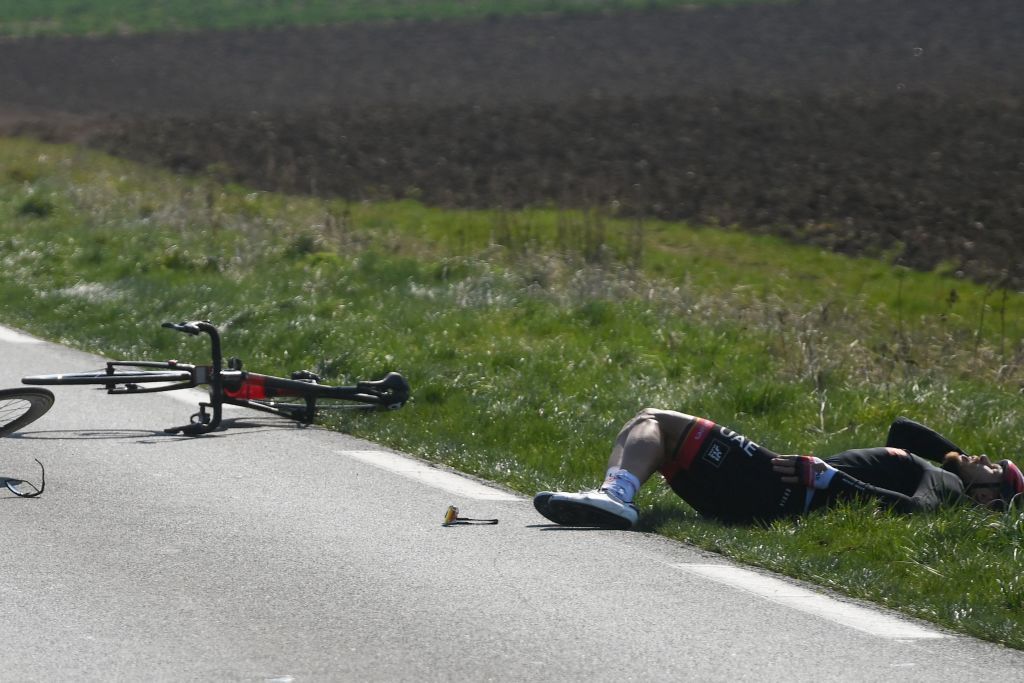 UAE Team Emirates Italian rider Matteo Trentin reacts after a fall during the 2nd stage of the 80th edition of the Paris Nice cycling race 1595 km between Auffargis and Orleans on March 7 2022 Photo by FRANCK FIFE AFP Photo by FRANCK FIFEAFP via Getty Images