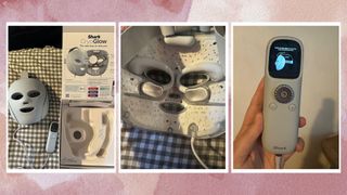 Three images of the Shark CryoGlow LED Mask - one with thebox, one to show the cooling under-eye patches and the remote