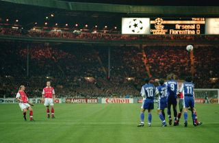 Arsenal in action against Fiorentina at the old Wembley Stadium in October 1999.