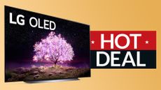 LG C1 deal, TV on yellow background with sign saying Hot Deal