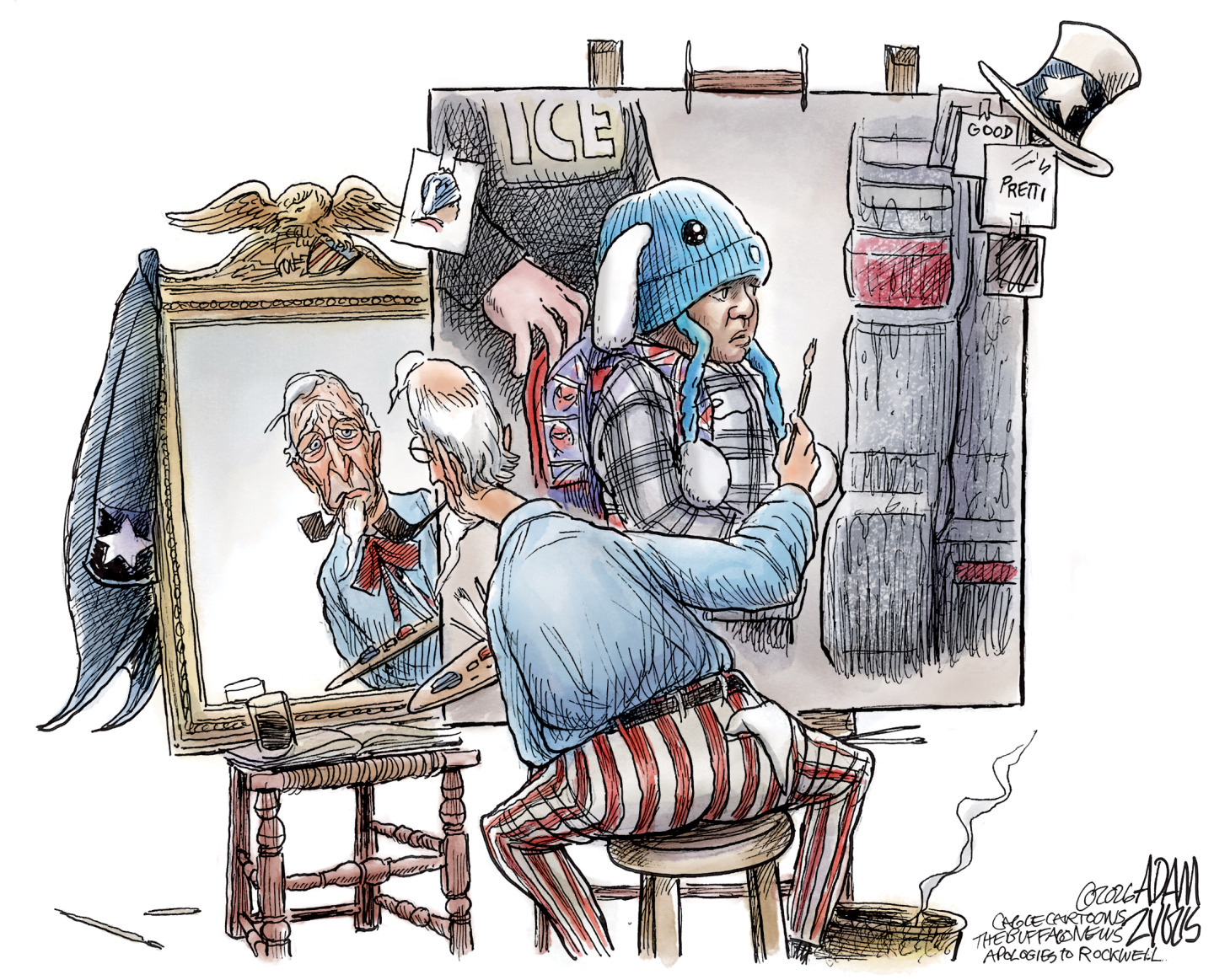 This cartoon is an homage to Normal Rockwell&amp;rsquo;s Triple Self Portrait. In this version, the painter is a sad-looking Uncle Sam with a pipe. He looks at himself in a mirror at left while at right his painting is of 5-year-old Liam Conejo Ramos being detained in Minnesota by ICE agents. Notes with the names of &amp;ldquo;Good&amp;rdquo; and &amp;ldquo;Pretti&amp;rdquo; are pinned to the painting.