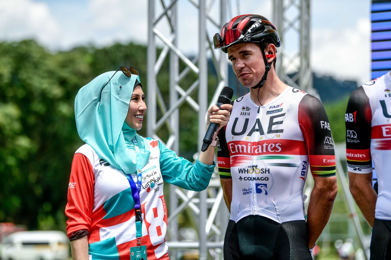2017 winner Ryan Gibbons (UAE Team Emirates) is interviewed at the start of stage 1 of Petronas Le Tour de Langkawi 2022