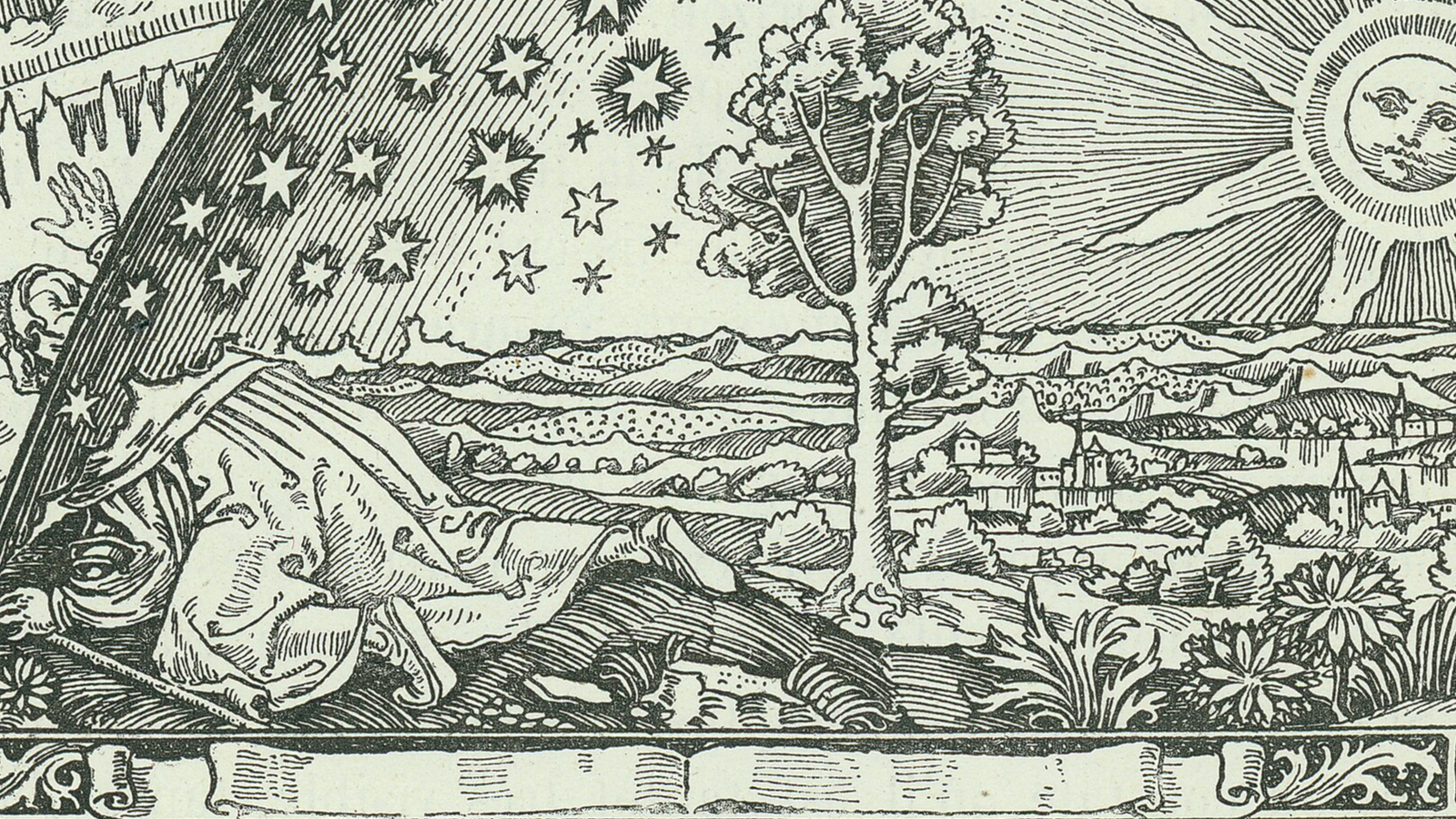 A sketch of half sphere with a tree in front of it.