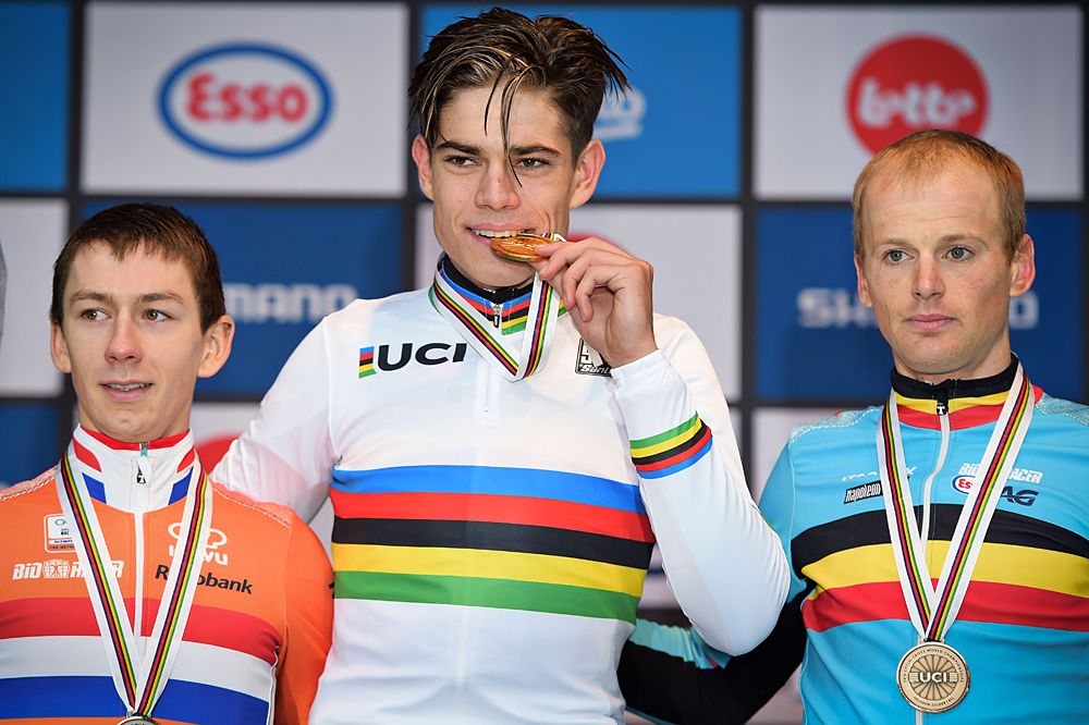 Wout Van Aert (Belgium) tops the World Championship podium with Lars van der Haar and Kevin Pauwels