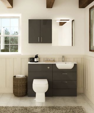 neutral bathroom with toilet, sink and window