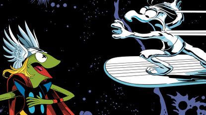 Kermit as Thor squaring off with Gonzo as Silver Surfer