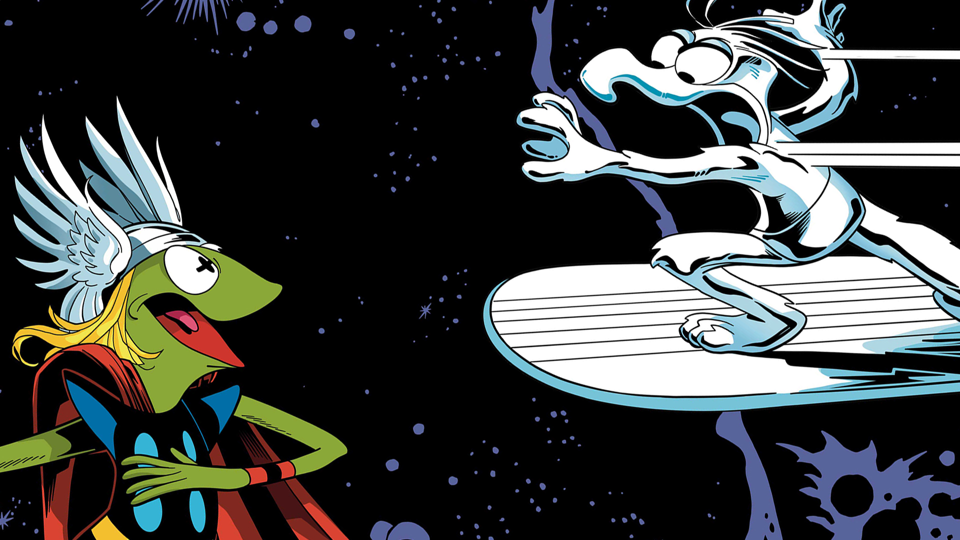 Kermit as Thor squaring off with Gonzo as Silver Surfer
