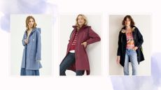 Composite image of three models wearing raincoats by Lee, Fat Face and Boden