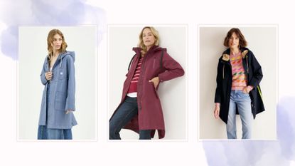 Composite image of three models wearing raincoats by Lee, Fat Face and Boden