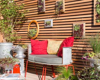 Outdoor seating area in full sun with framed succulents and outdoor sofa