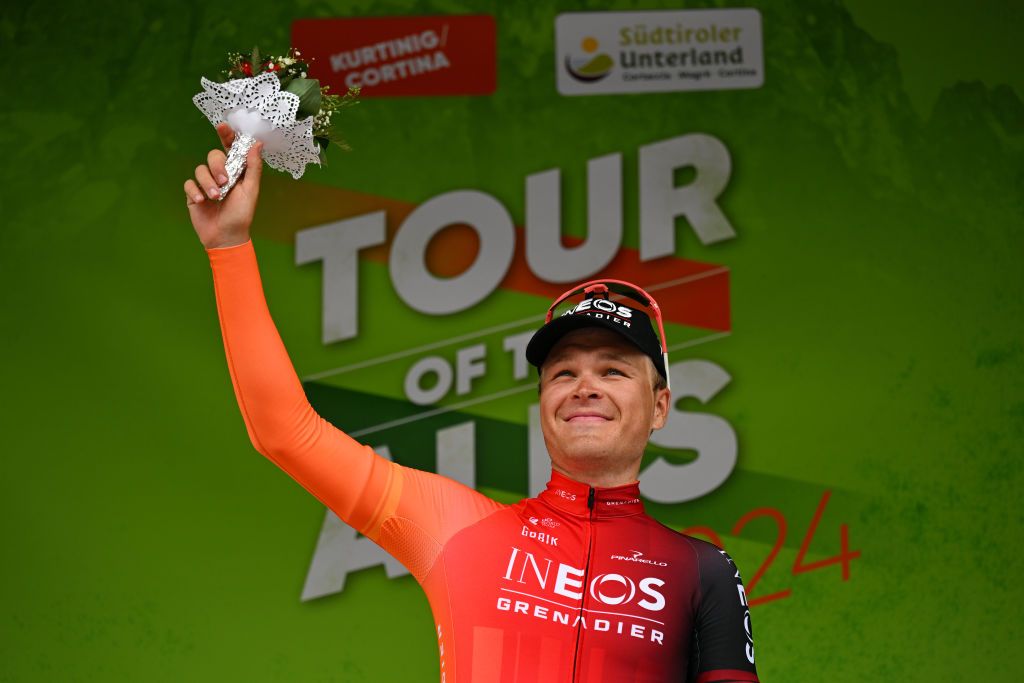 Tobias Foss on the podium at the Tour of the Alps