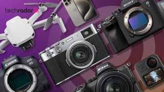 A selection of cameras that could be updated in 2024 including Fujifilm X100V and Canon EOS R5