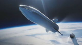 An artist's illustration of SpaceX’s Starship spacecraft separating from its Super Heavy rocket. 