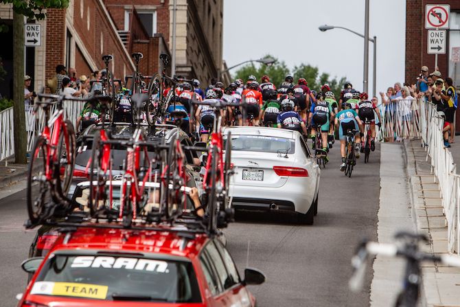 The women's field hits the final climb during the US Pro Road Race National Championships on June 24, 2018 in Knoxville, Tennessee