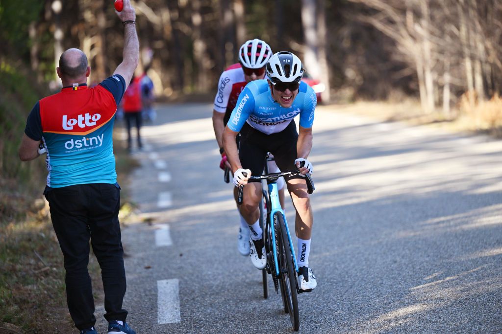 BESSEGES FRANCE FEBRUARY 02 Benoit Cosnefroy of France and Decathlon AG2R La Mondiale Team attacks during the 54th Etoile de Besseges Tour du Gard Stage 3 a 16111km stage from Besseges to Besseges on February 02 2024 in Besseges France Photo by Luc ClaessenGetty Images
