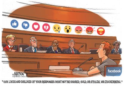 Political cartoon U.S. Mark Zuckerberg Congress testimony Cambridge Analytica data scandal Facebook