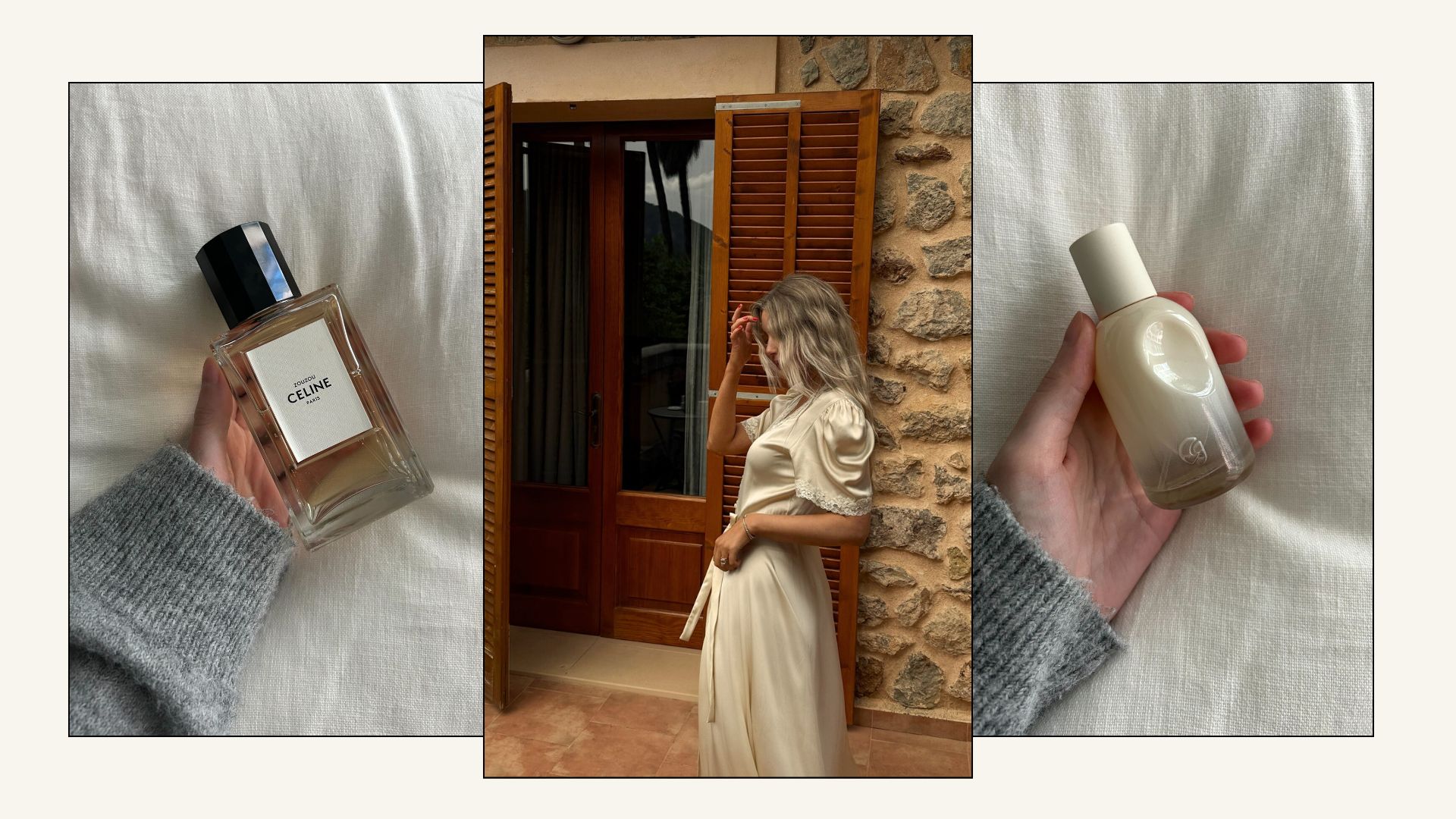 A collage of delicate perfumes and a woman wearing a delicate silk dress