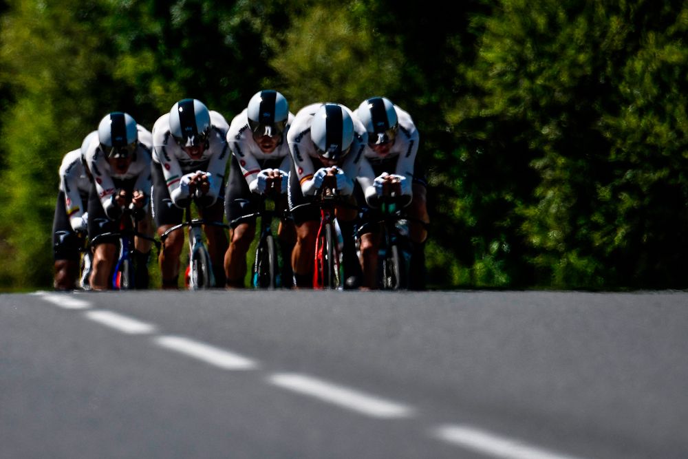 Team Sky come up a rise during stage 3 at the Tour de France