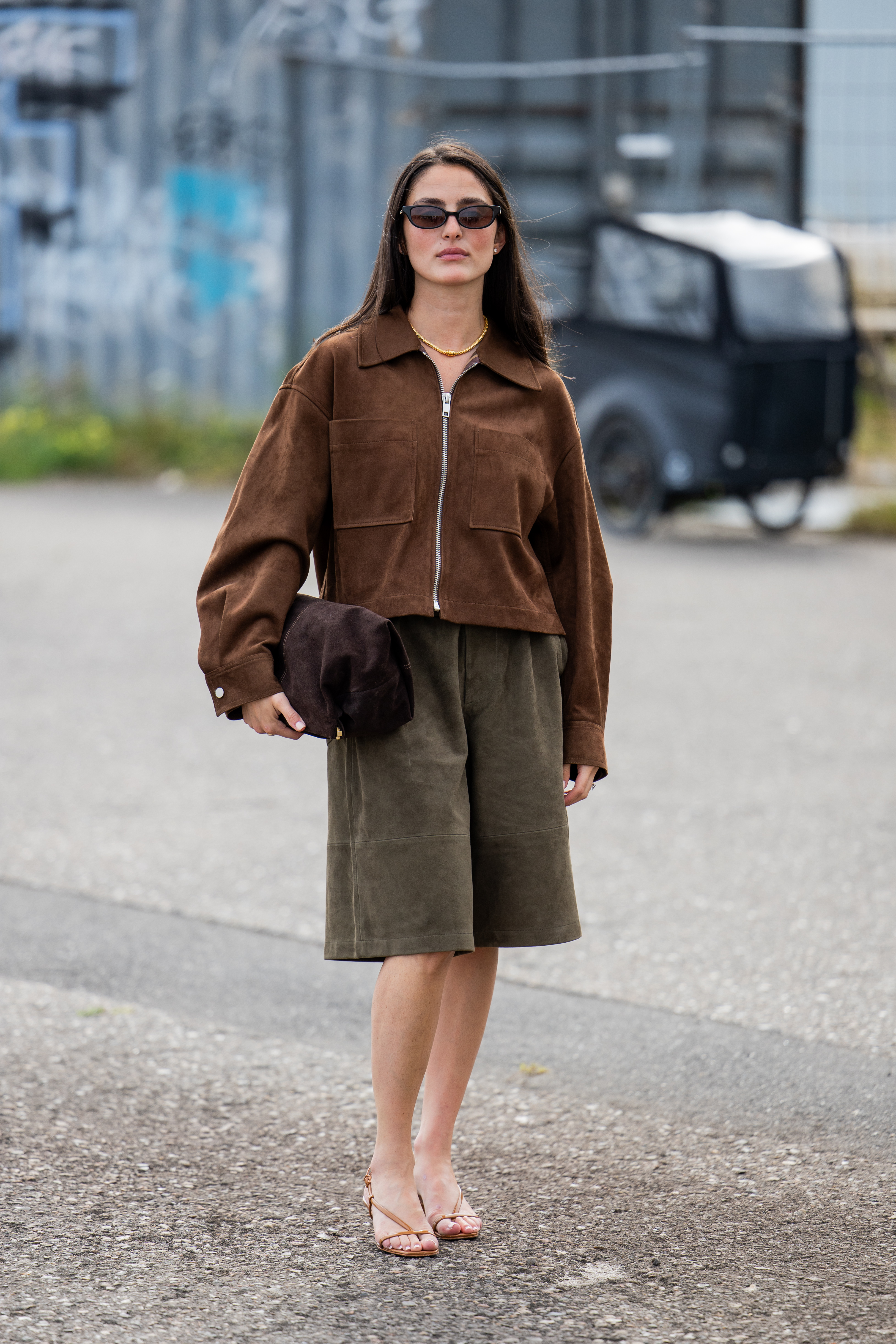 woman wearing a suede jacket