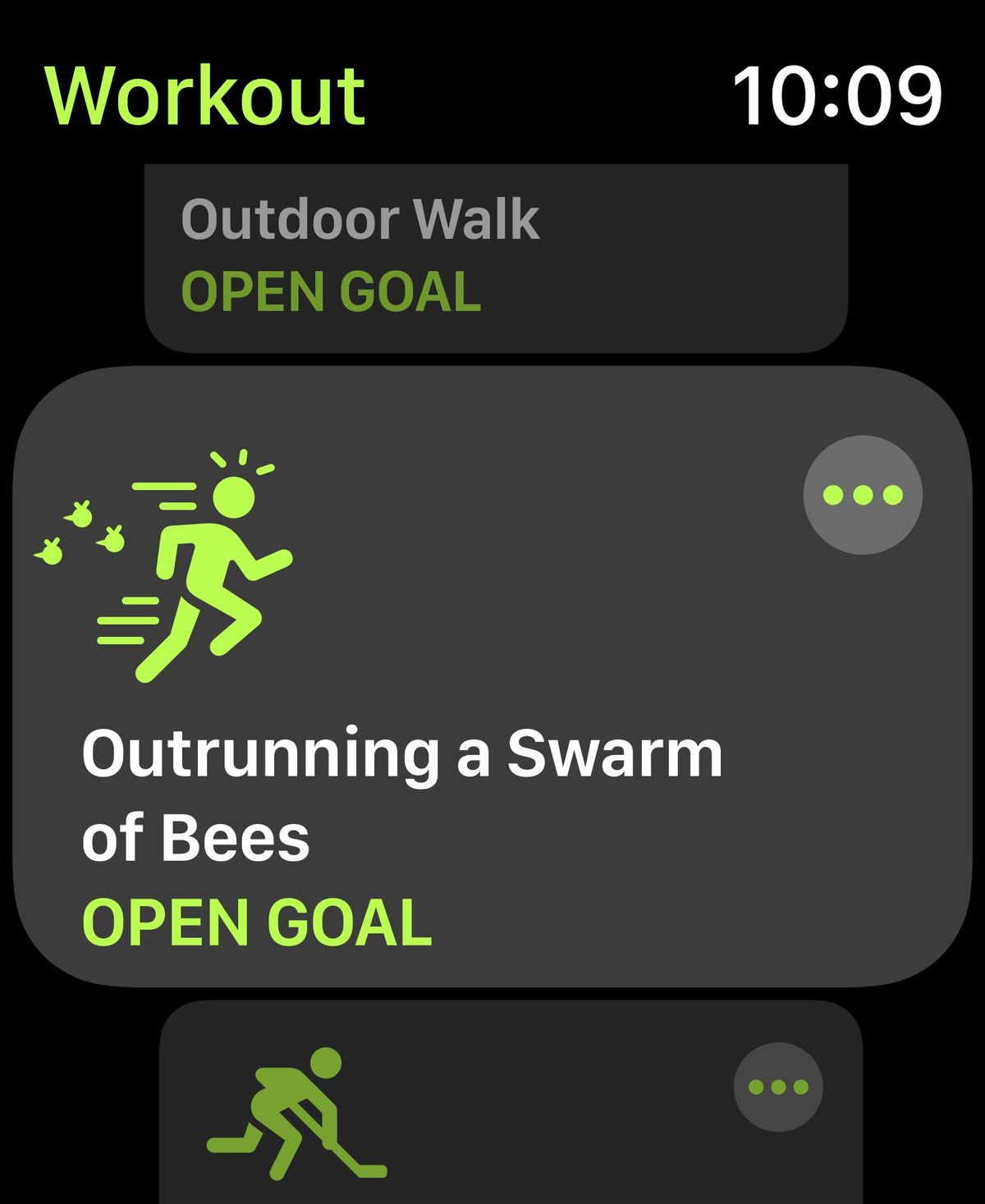 Apple Watch Workout screenshot with fan-made fake workouts: Outrunning a swarm of bees, cable management, walking the dog