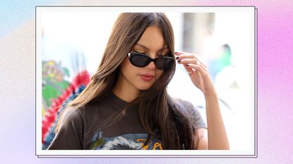 Olivia Rodrigo's sunglasses: Olivia is pictured wearing black, oval sunglasses as she arrives at BBC Radio Studios on August 15, 2023 in London, England/ in a purple, pink and white gradient template