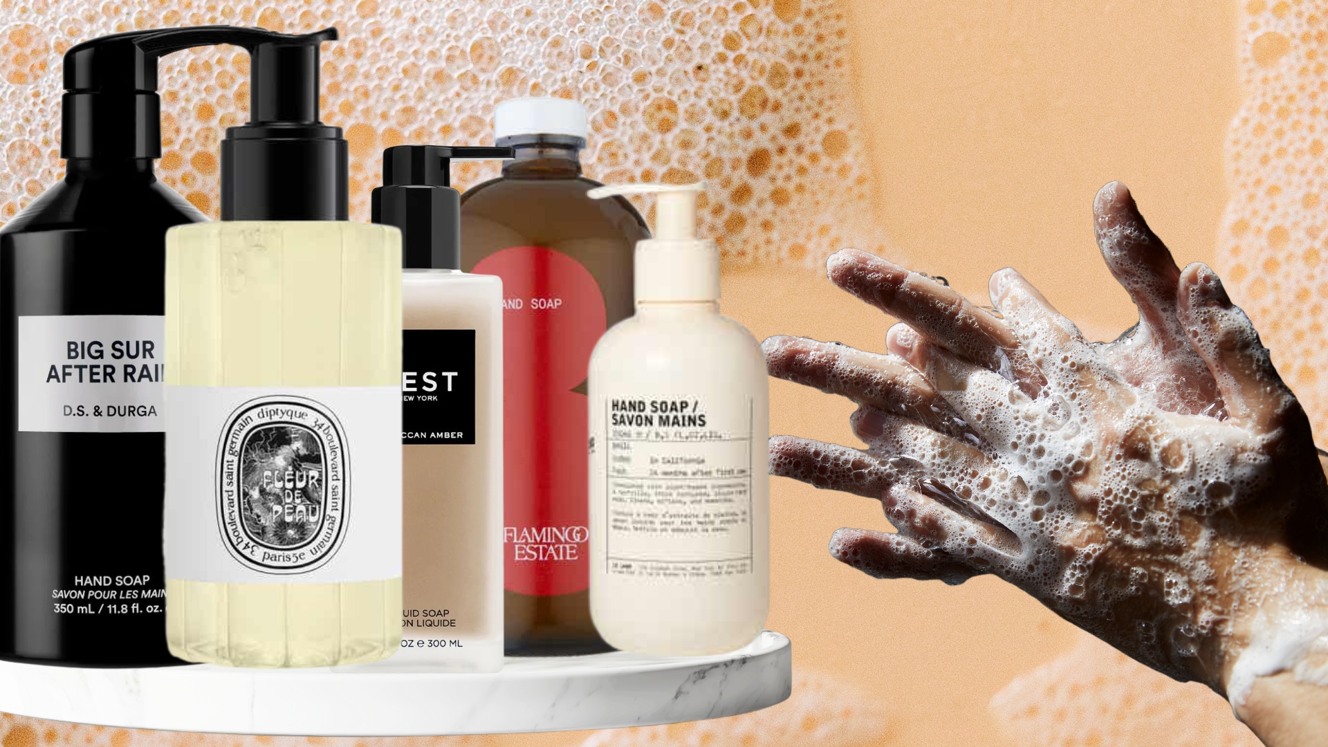 collage of luxury hand soaps next to someone washing their hands