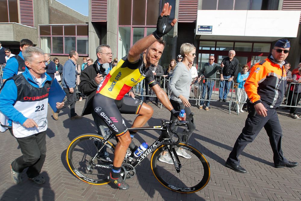 Philippe Gilbert celebrates after winning stage 1 at Three Days of De Panne