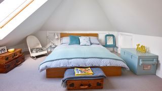 blue bed linen in white bedroom