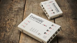 Eventide Power Max and Mini power supplies on a wooden surface