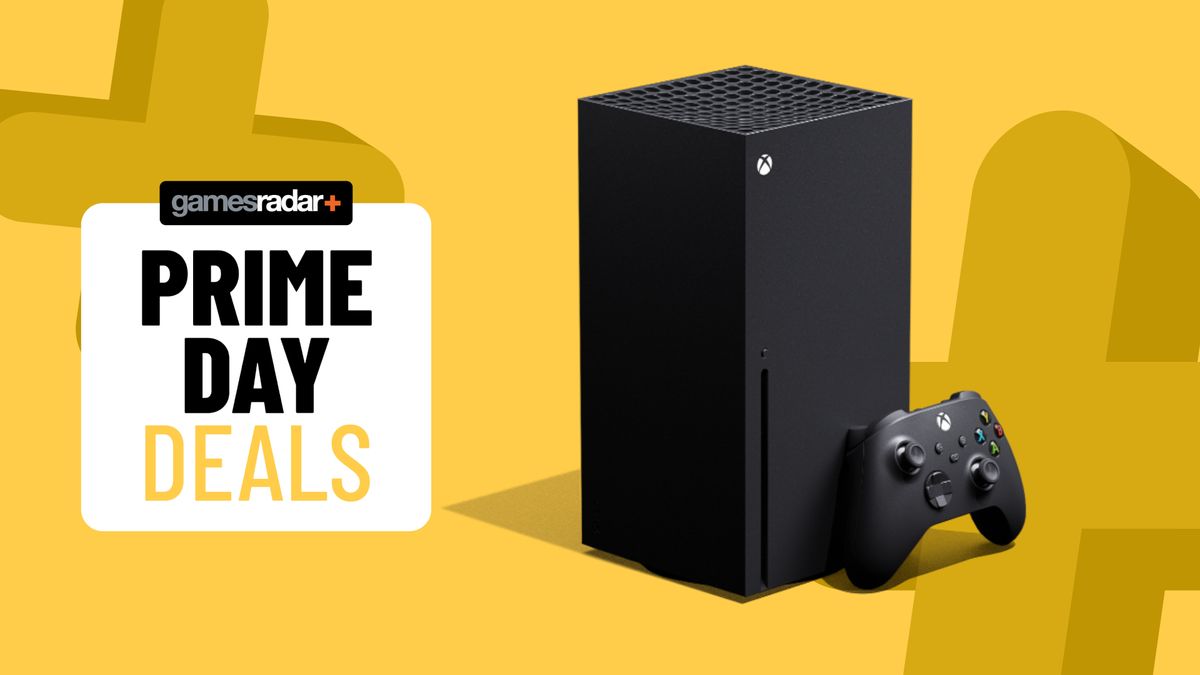 Xbox Series X on a yellow background with Prime Day deals badge