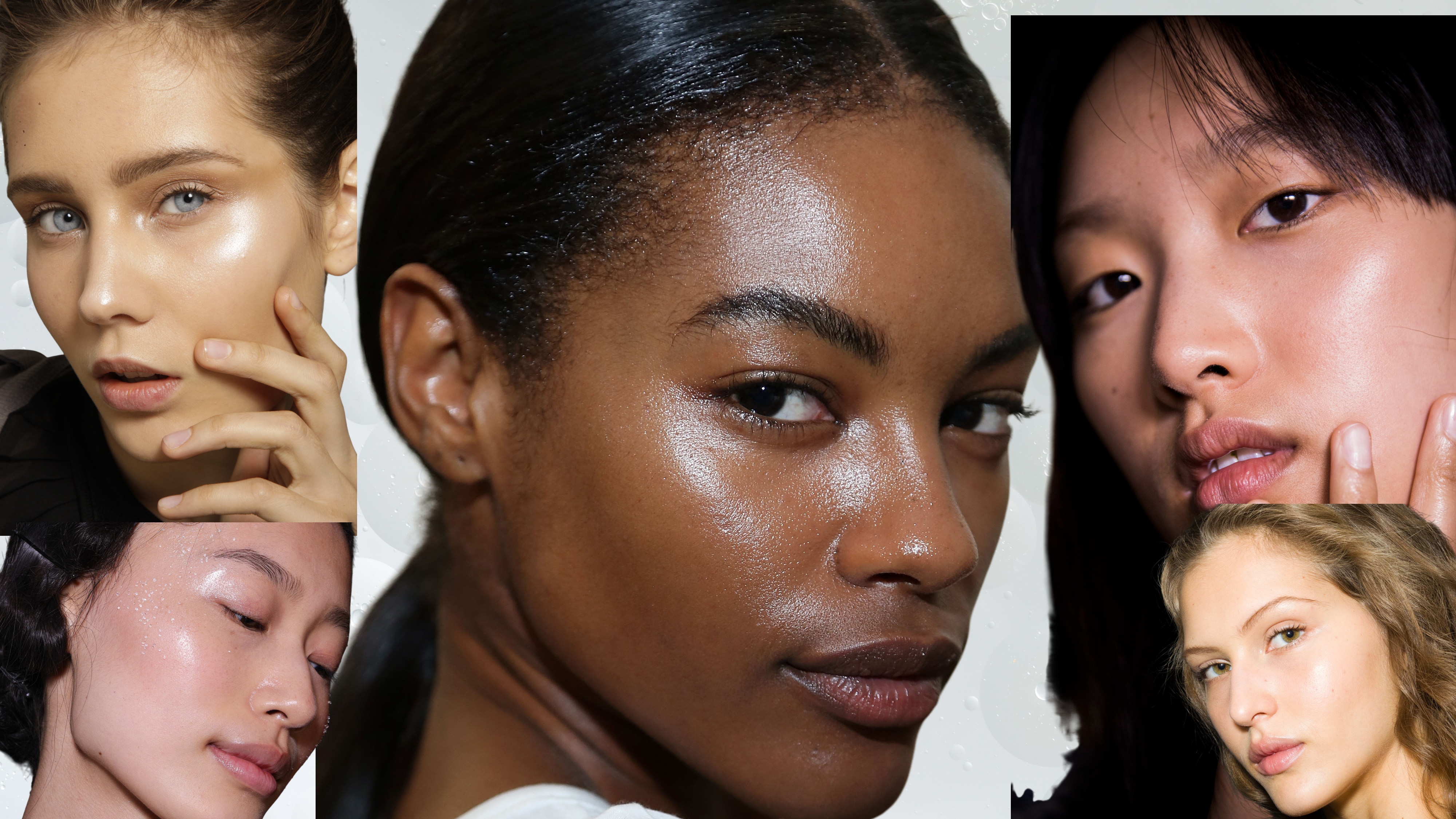 A collage of 5 women with glowy, radiant skin in front of a white backdrop, posing for the camera