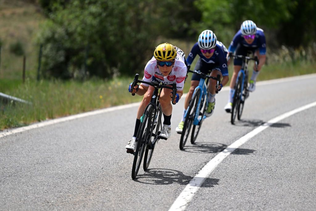 MIRADOR DE PEAS LLANAS SPAIN MAY 05 Anna Kiesenhofer of Austria and Team IsraelPremier Tech Roland White Most Combative Rider Jersey competes during the 9th La Vuelta Femenina 2023 Stage 5 a 1292km stage from La Cabrera to Mirador de Peas Llanas 1479m UCIWWT on May 05 2023 in Mirador de Peas Llanas Spain Photo by Dario BelingheriGetty Images