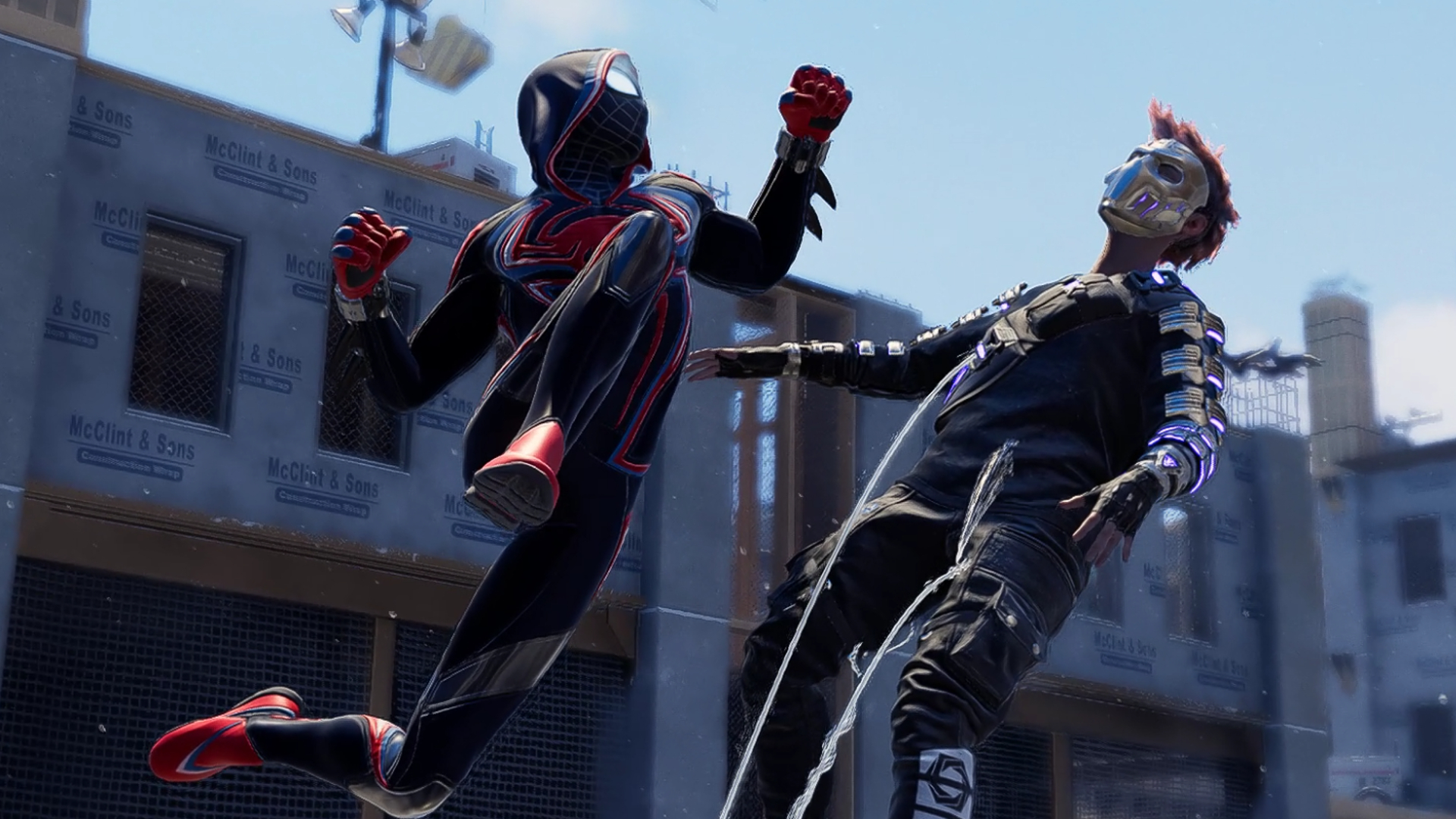 Miles Morales  performing a finishing move on an Underground member.