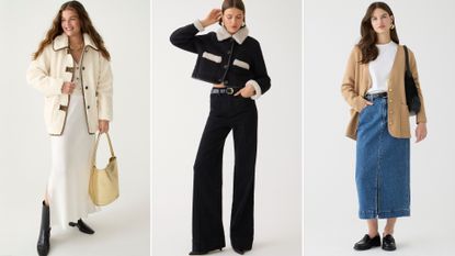 Split image of J.Crew Teddy Sherpa Jacket, Pintuck Denim Trouser in Black, Giselle V-neck Sweater Blazer