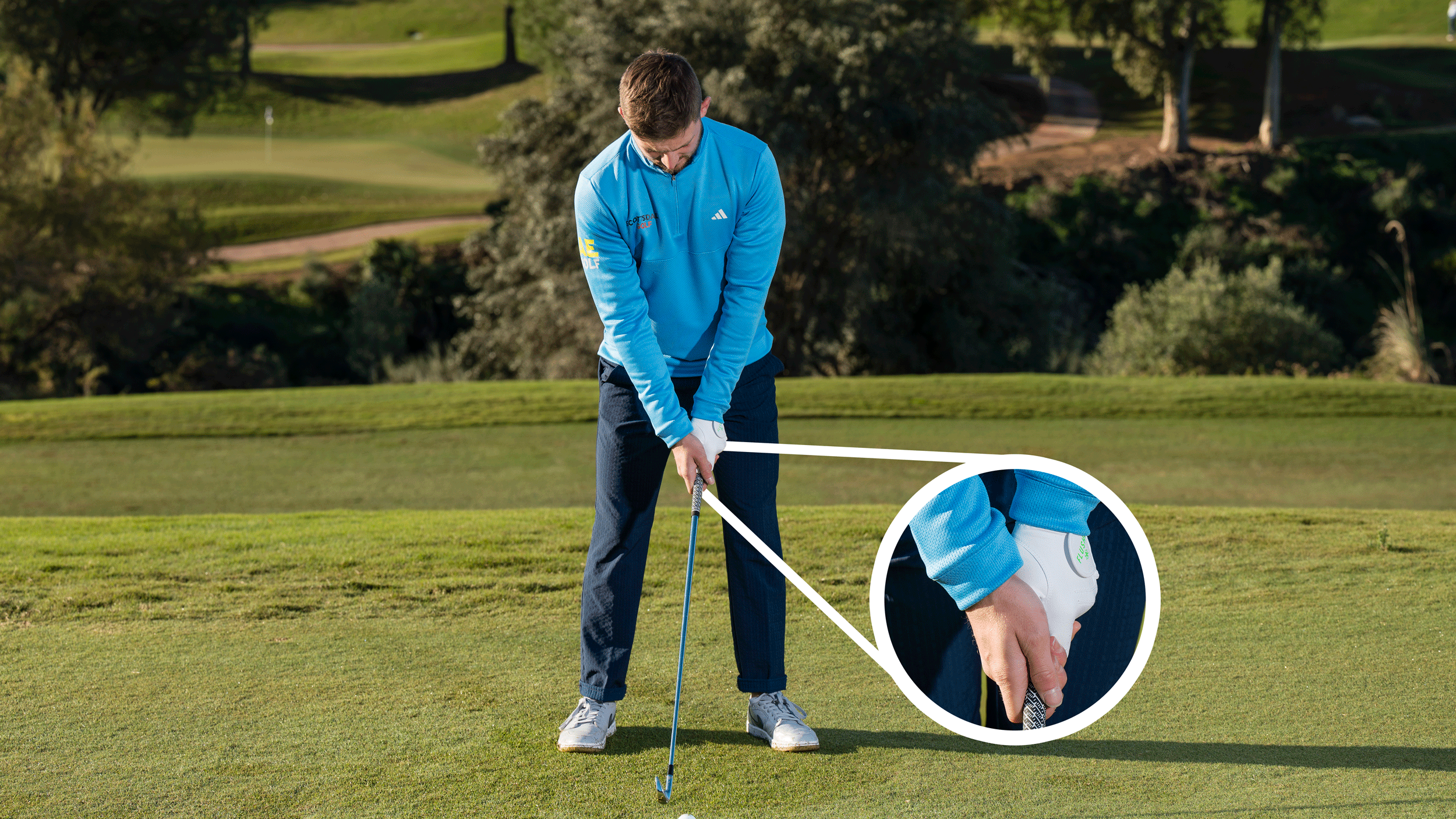 Top 50 Golf Coach Alex Elliott demonstrating the perfect golf grip, with an inset close-up image of the hands on the golf club in the correct position for the perfect golf grip