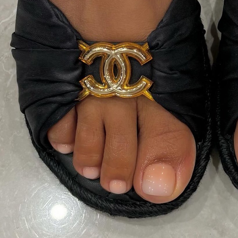 Peach ombre pedicure and Chanel sandals