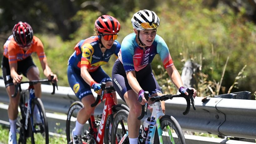 Cecilie Uttrup Ludwig of Denmark and Team Fdj-Suez Orange Santos Leader&#039;s Jersey, Amanda Spratt of Australia and Team Lidl-Trek and Neve Bradbury of Australia and Team Canyon//SRAM Racing compete in the chase group climbing to Willunga Hill (370m) during the Santos Women&#039;s Tour Down Under