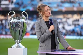 ITV Euro 2024 Laura Woods, presenter for TNT looks on alongside the UEFA Champions League trophy prior to the UEFA Champions League quarter-final second leg match between Manchester City and Real Madrid CF at Etihad Stadium on April 17, 2024 in Manchester, England. (Photo by Alex Livesey - Danehouse/Getty Images)