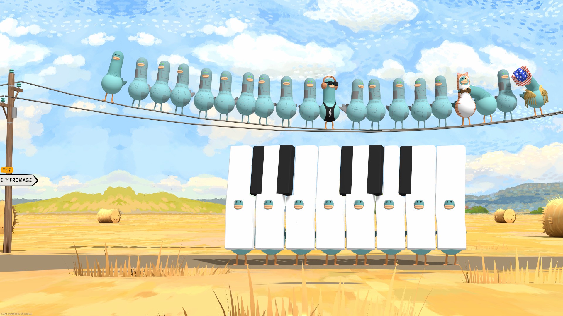 Eine Reihe von Tauben aus Headbangers: Rhythm Royale steht über einem Xylophon.