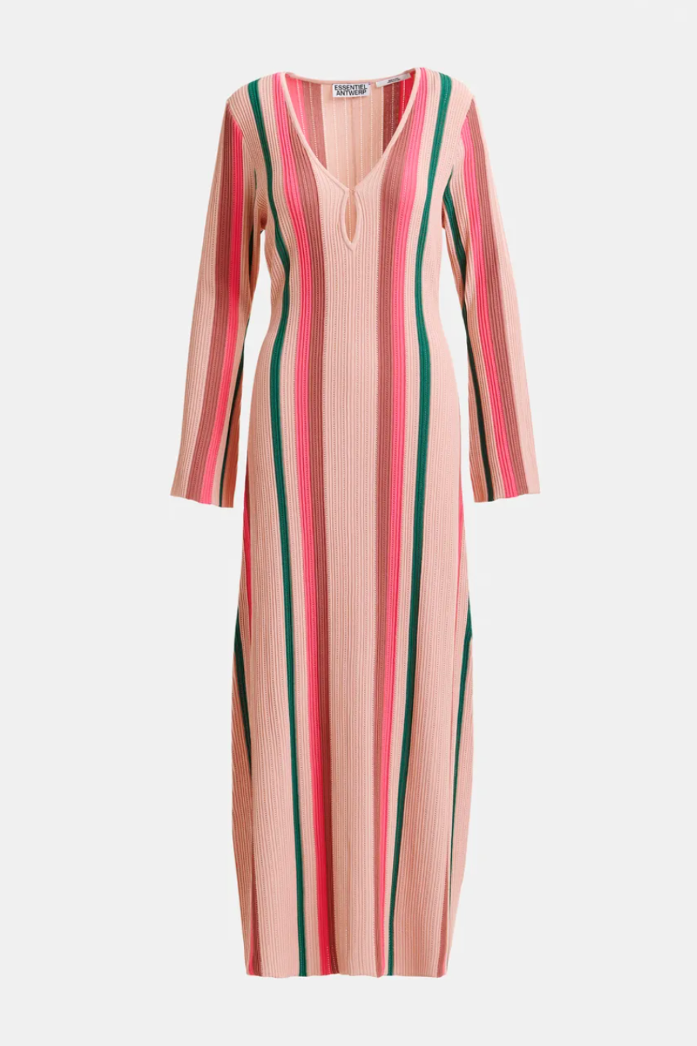 Essentiel Antwerp, Peach, Green and Pink Striped Knit Maxi Dress With Keyhole Detail