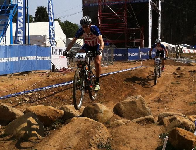 Kerry Werner (USA) catches some air on small jumps on the course