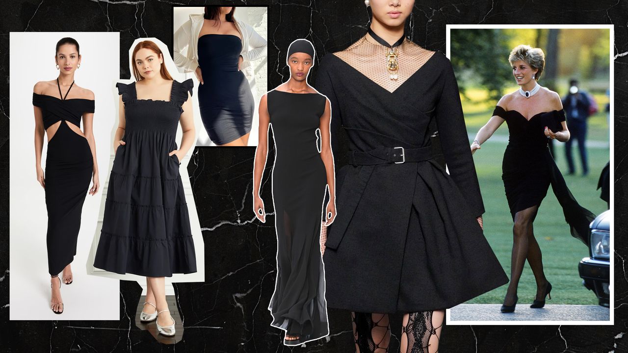 collage of black dresses