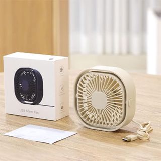 Neutral Amazon USB desk fan beside box on wooden table