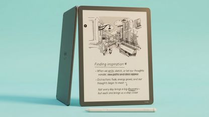 Kindle Scribe without Front Light on a turquoise background